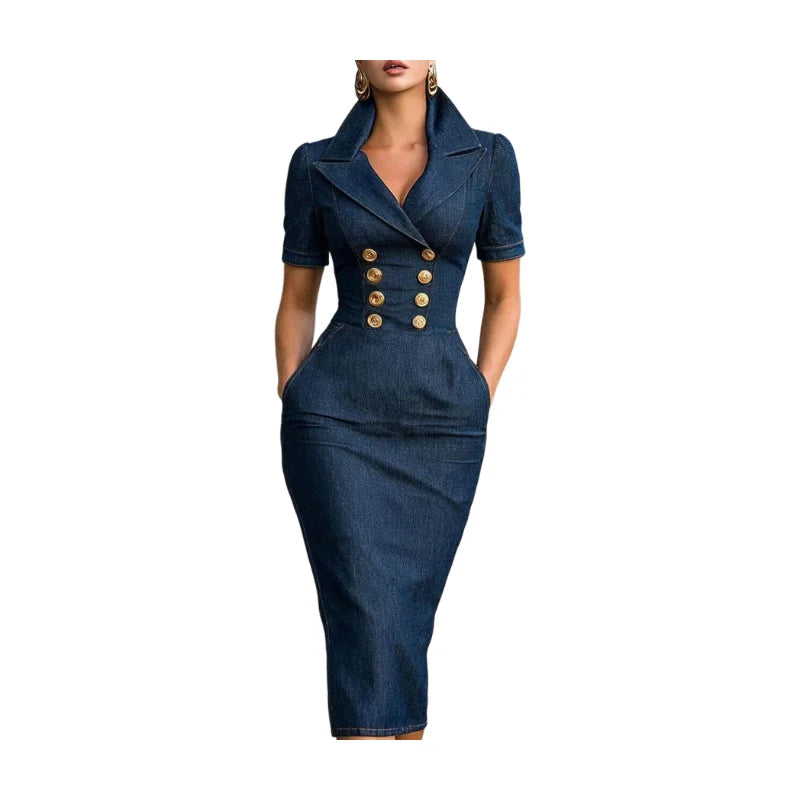 Blue fitted midi dress with lapel collar and short sleeves, by Corporación Turística, perfect for stylish women.