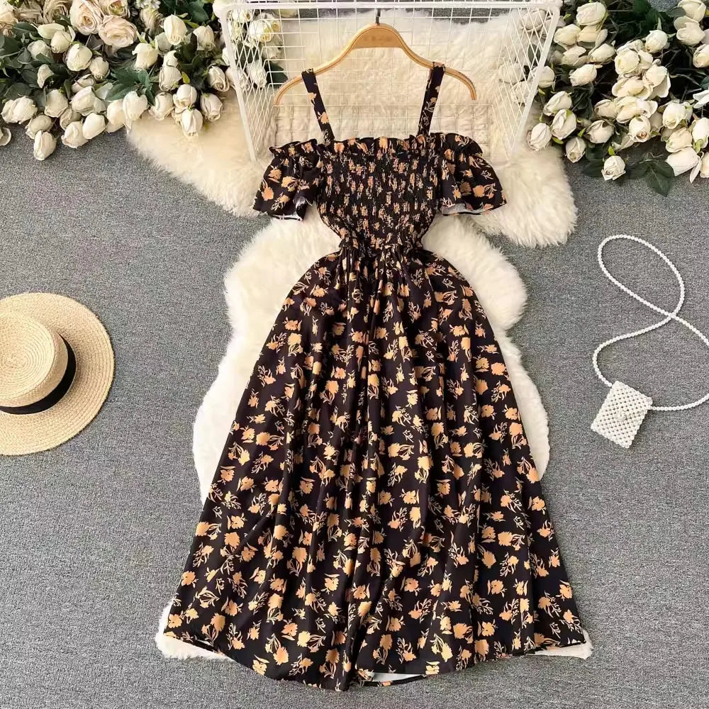 YuooMuoo long romantic floral dress in navy blue with a feminine silhouette, featuring vibrant flower prints.