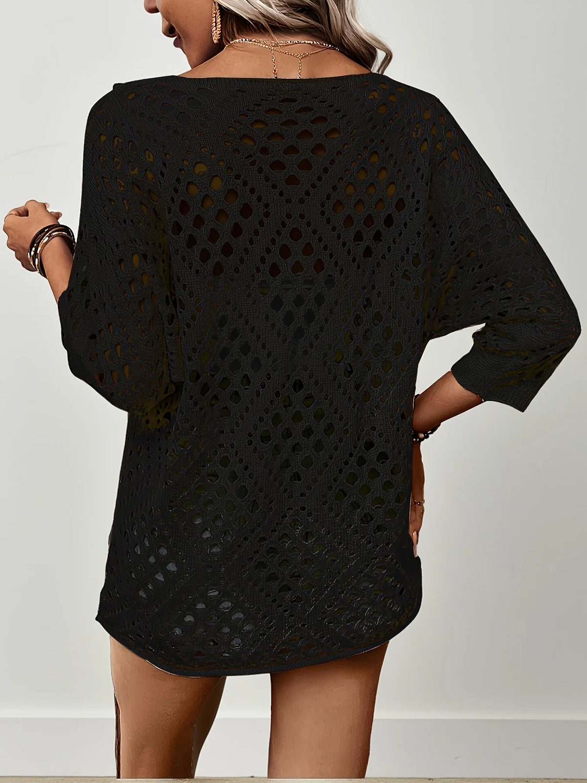 Blue men's V-neck short-sleeve knit sweater by Corporación Turística, featuring a breathable open-knit design and comfortable fit.