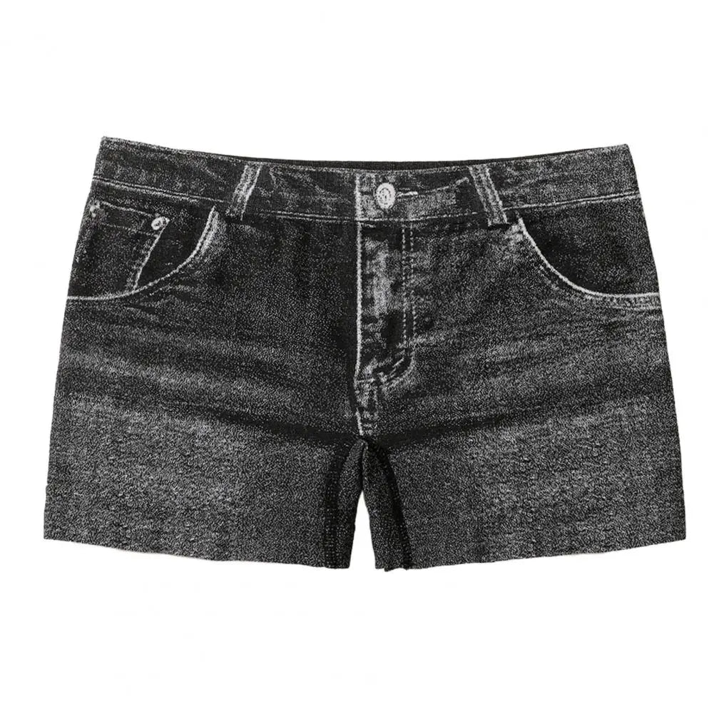 Blue denim-style imitation shorts leggings for women, size XXL, from Corporación Turística, shown on a model.