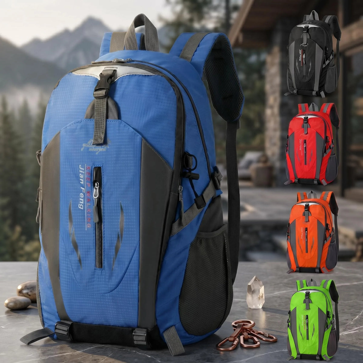 Blue outdoor hiking backpack by Corporación Turística, waterproof and durable for outdoor adventures.