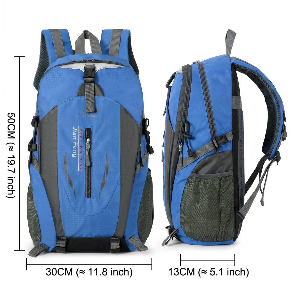 Blue outdoor hiking backpack by Corporación Turística, water-resistant with multiple compartments for outdoor adventures.
