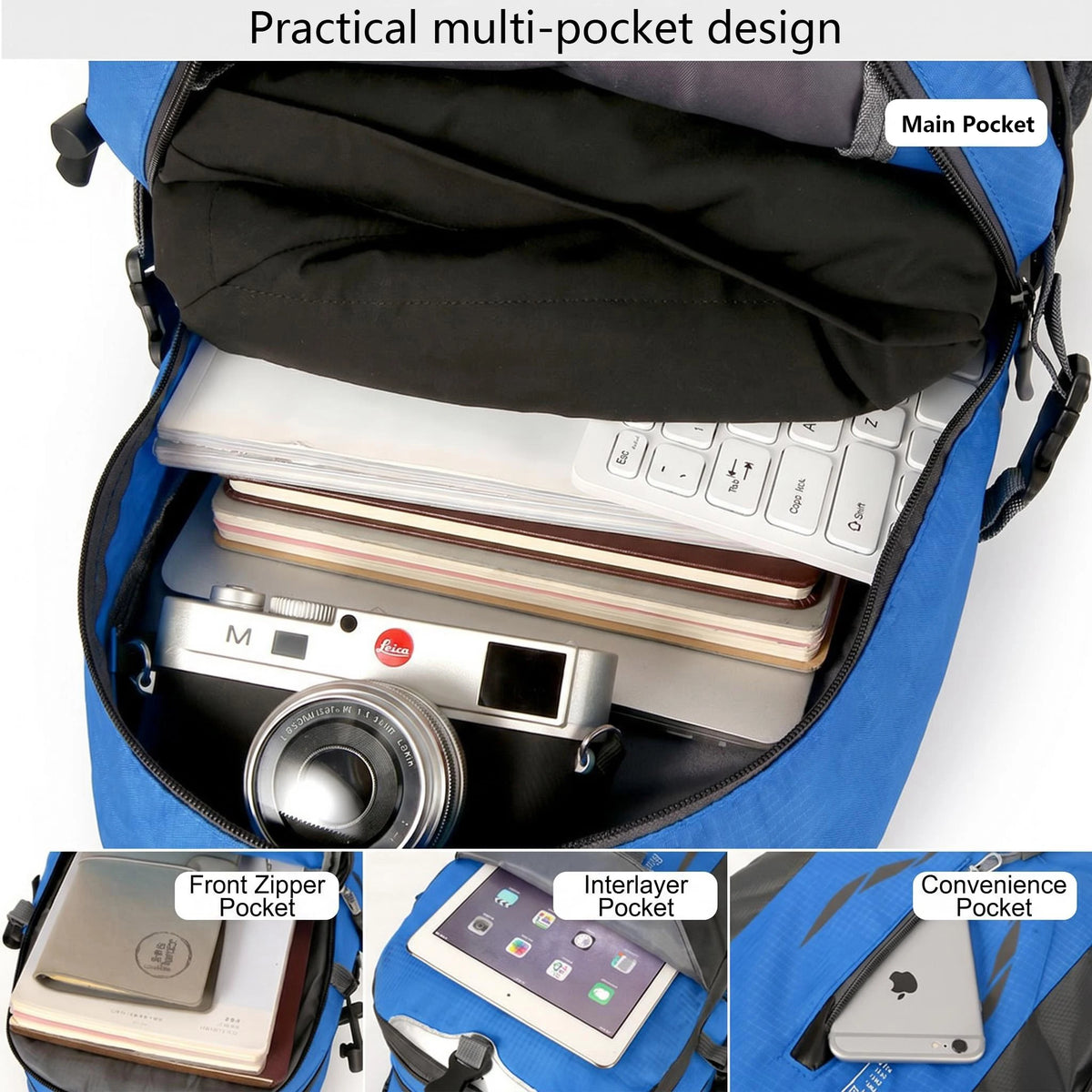 Blue outdoor hiking backpack by Corporación Turística, waterproof and durable for outdoor adventures.