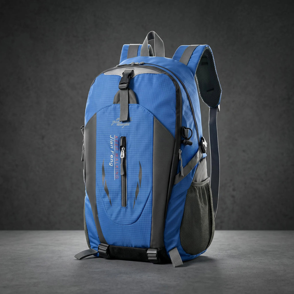 Blue outdoor hiking backpack by Corporación Turística, waterproof, durable, with multiple compartments for outdoor adventures.