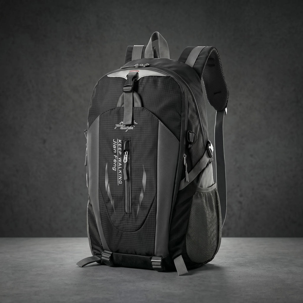 Blue outdoor hiking backpack by Corporación Turística, waterproof and durable for outdoor adventures.