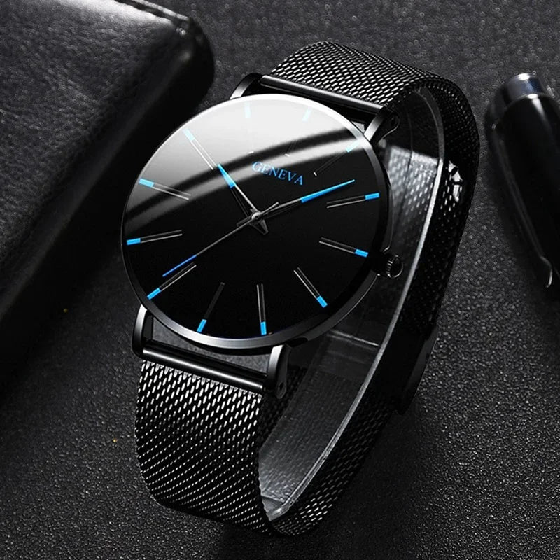 Elegant men's ultrathin quartz watch in blue with a sleek design, by Corporación Turística.