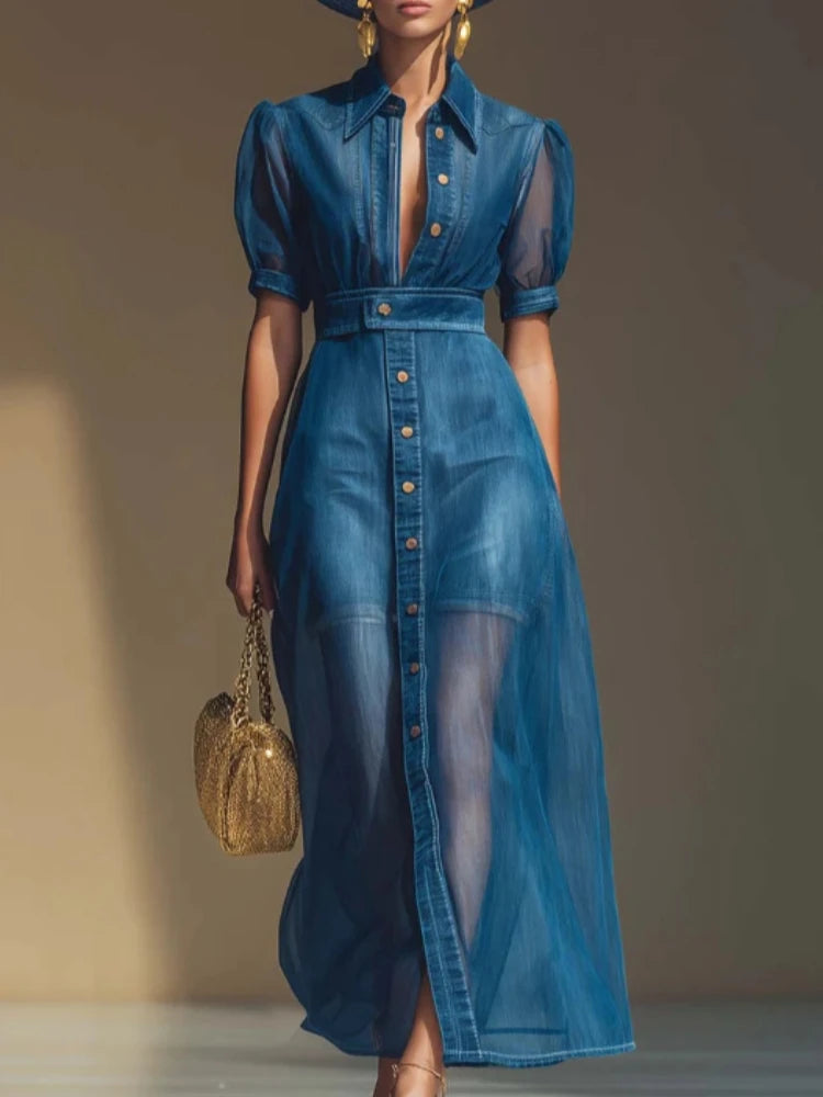 Long denim shirt dress for women by Corporación Turística featuring mesh details, shown in blue with a casual, stylish fit.
