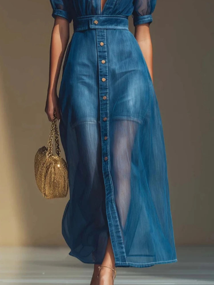 Long denim shirt dress for women with mesh details by Corporación Turística, featuring a relaxed fit and casual style.