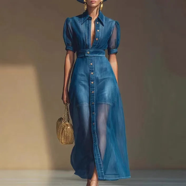Long denim shirt dress for women with mesh accents, featuring a relaxed fit and casual style, by Corporación Turística.