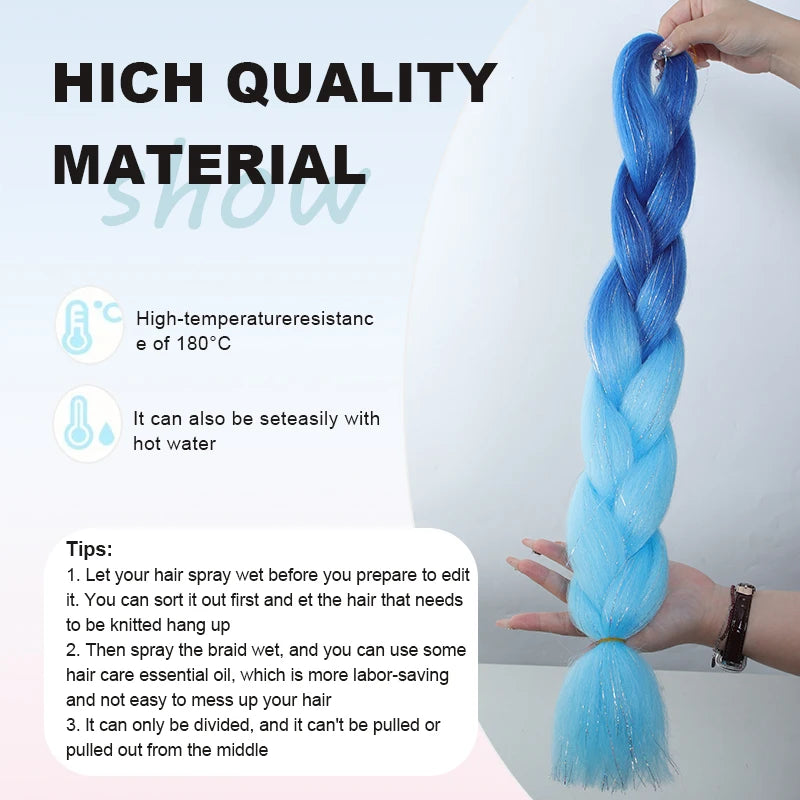 Colorful synthetic rainbow hair extensions from Corporación Turística, shiny and vibrant, shown in long, layered strands.