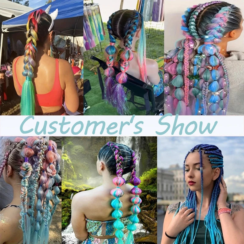 Colorful synthetic rainbow hair extensions from Corporación Turística, featuring shiny, vibrant rainbow-colored synthetic hair.