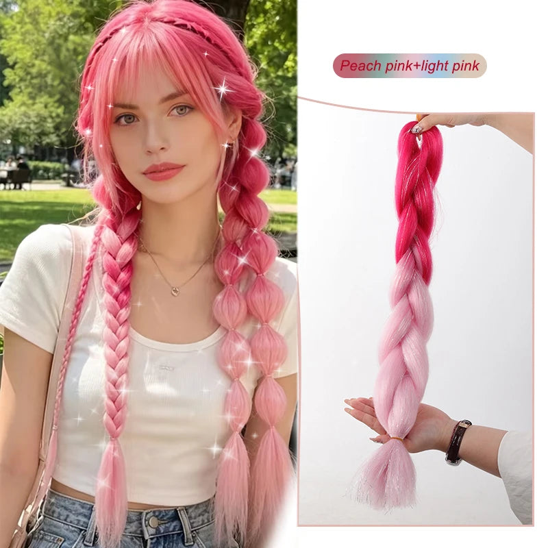 Colorful rainbow synthetic hair extensions with shine, designed for vibrant hairstyling by Corporación Turística.