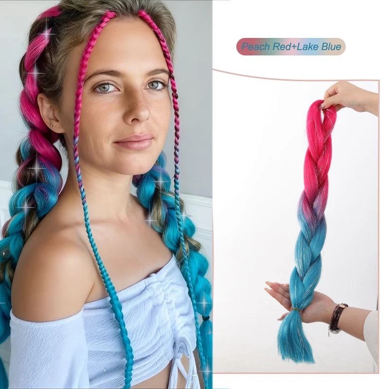 Colorful rainbow synthetic hair extensions with shine, 24 inches long, by Corporación Turística, displayed with vibrant, lustrous strands.