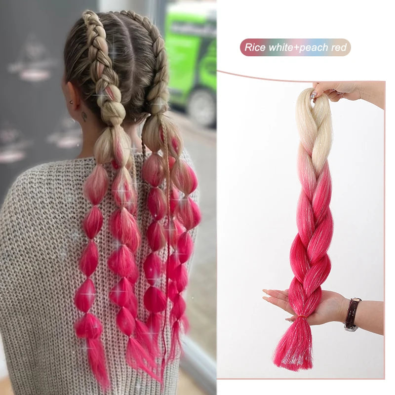 Colorful rainbow synthetic hair extensions with shine, long 24-inch length, designed for vibrant hairstyles by Corporación Turística.