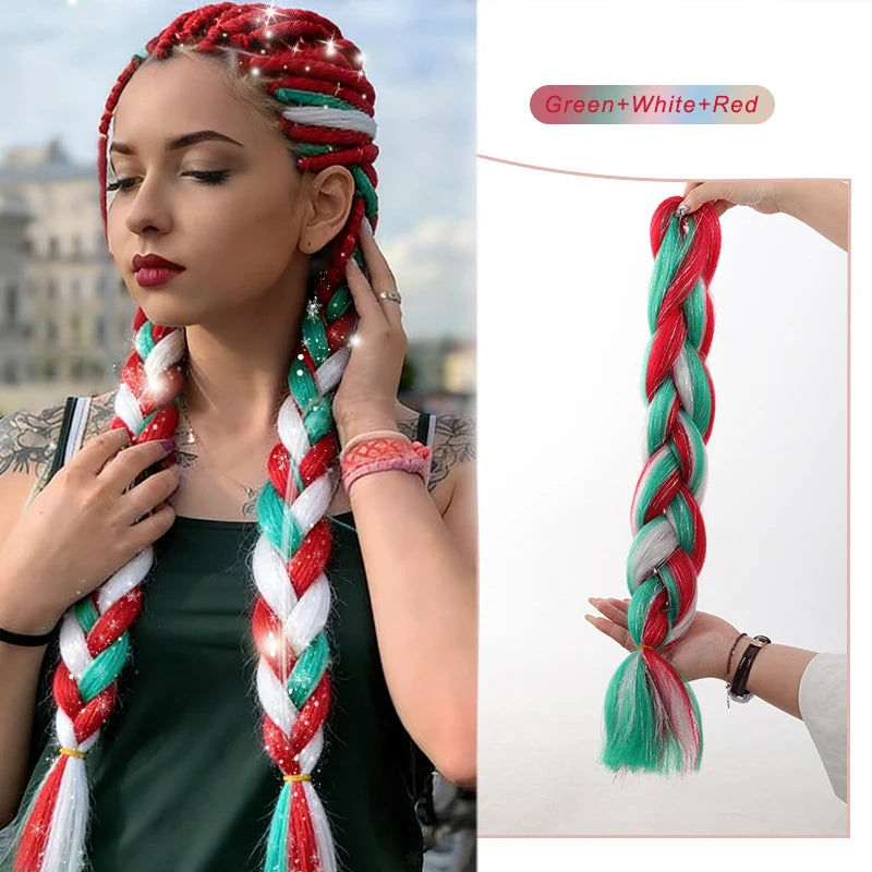 Colorful synthetic hair extensions with rainbow shine, showcasing long, vibrant, and glossy synthetic hair strands.