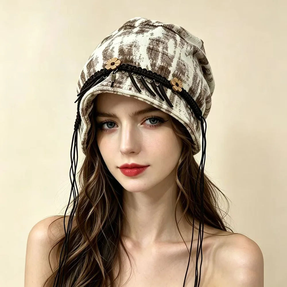 Beige bohemian ethnic vintage slouchy hat for women, featuring a relaxed, ethnic-inspired design and comfortable fit.