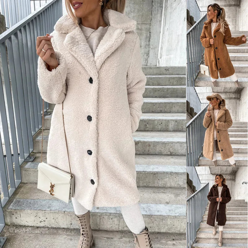 Beige long, loose, casual winter coat from Corporación Turística, featuring a soft, thick, plush, and warm design.