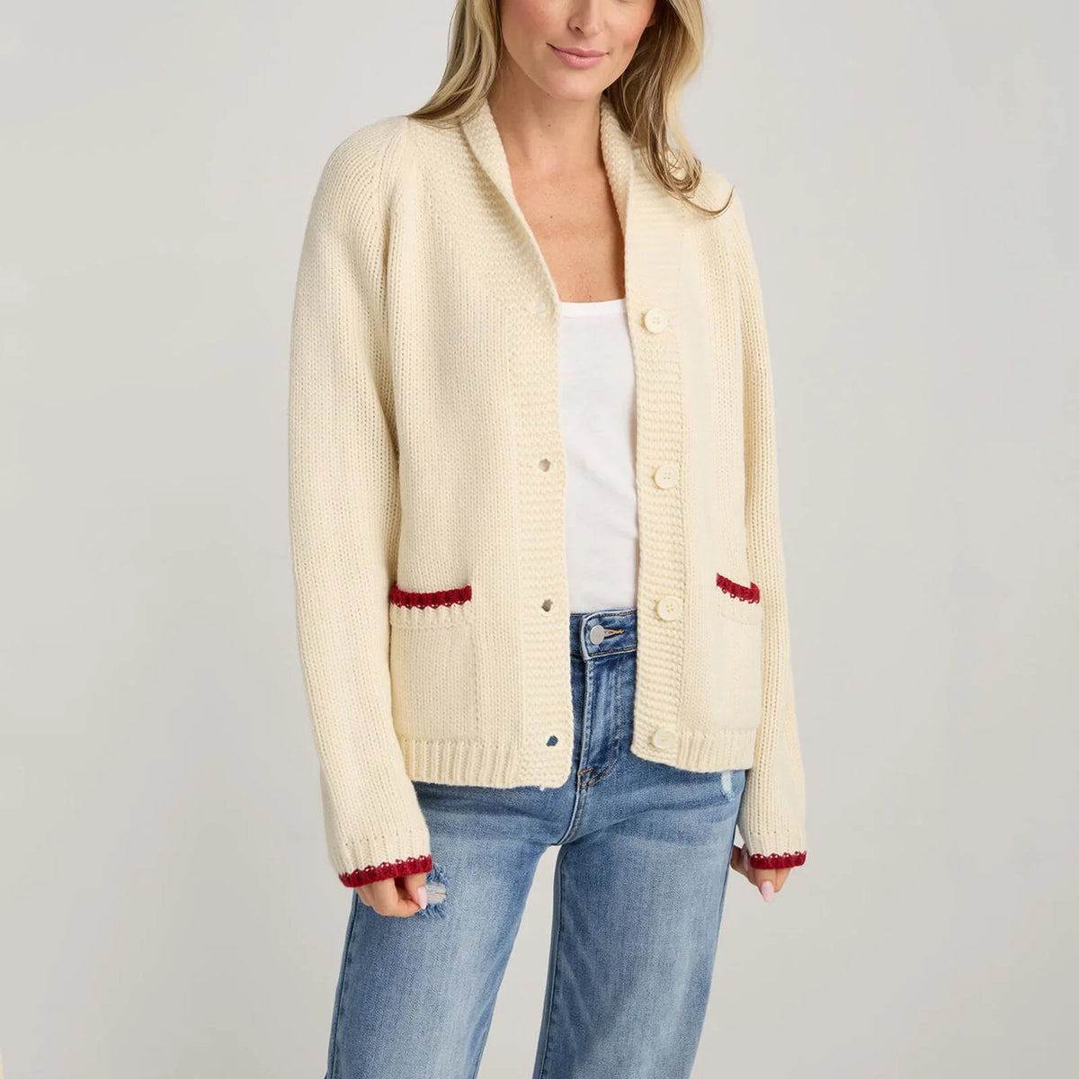 Beige women's knit cardigan by Corporación Turística, cozy sweater and autumn coat for stylish fall wear.