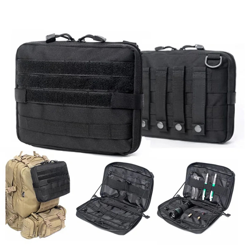 Tactical tool kit in a black MOLLE backpack with multiple compartments, designed for outdoor and military use.