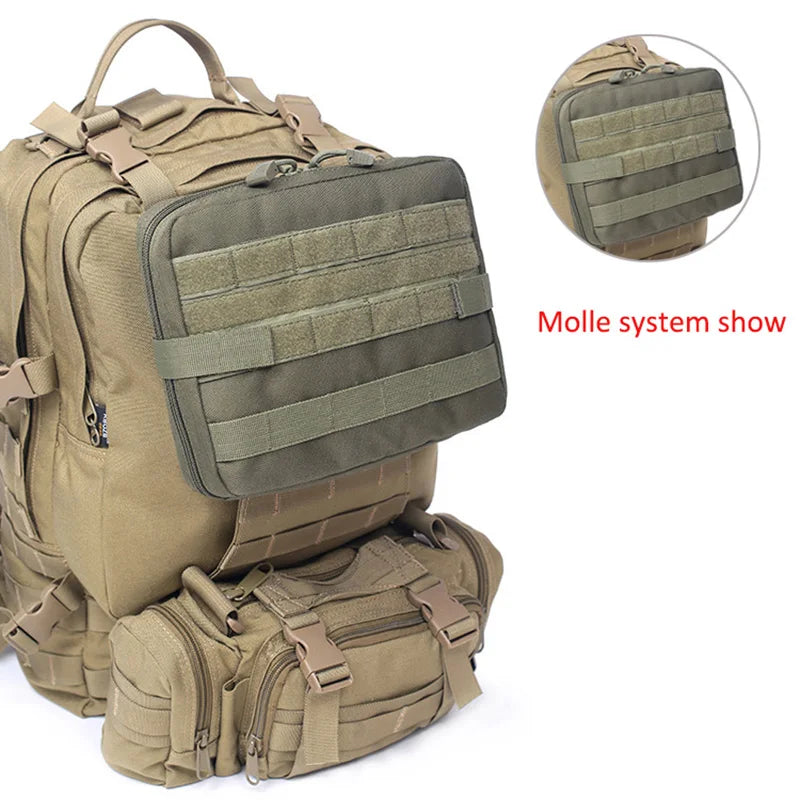 Tactical tool kit in a black MOLLE backpack with multiple compartments, military-style design, by Corporación Turística.