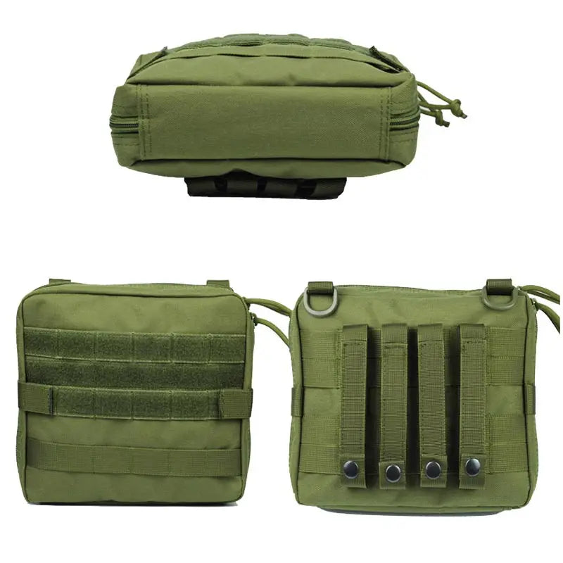 Tactical tool kit in a MOLLE tactical backpack, military-style storage bag by Corporación Turística, with multiple compartments and zippers.