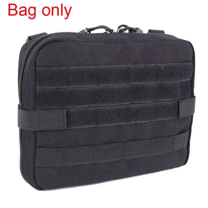 Tactical toolkit bag with MOLLE system, black tactical backpack by Corporación Turística, featuring multiple compartments and durable design.