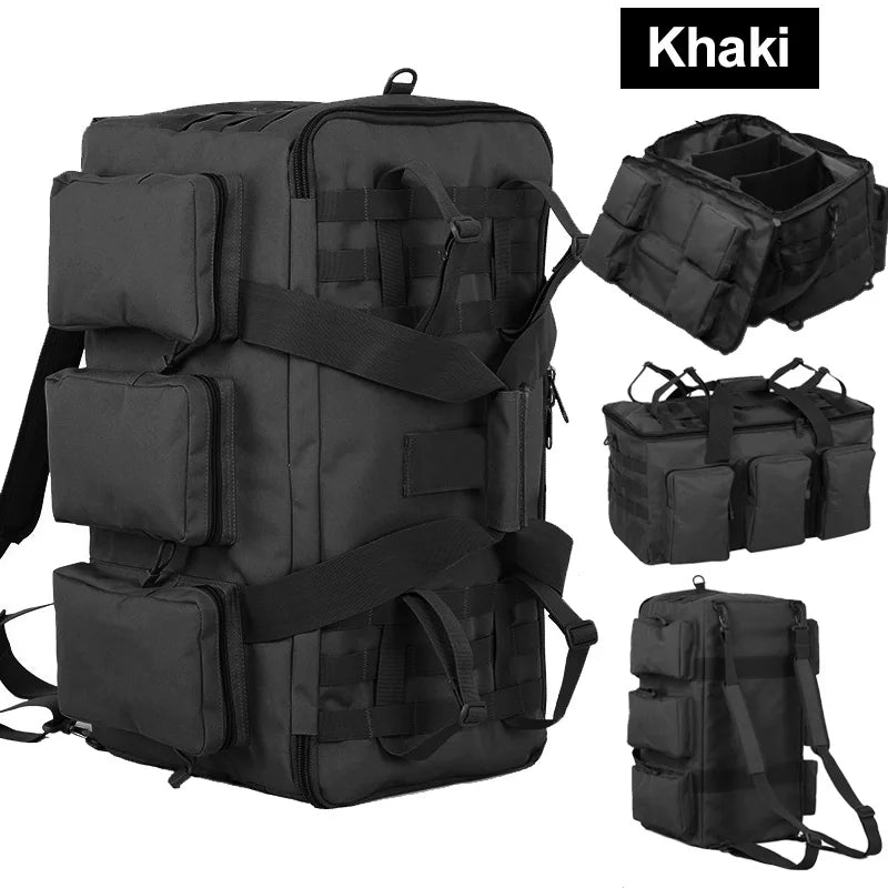 Durable 55L canvas travel bag and camping backpack by Corporación Turística, suitable for outdoor adventures and travel.