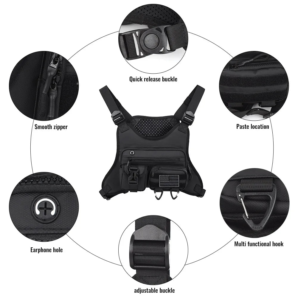Chaleco frontal para acampar en el pecho con mochila y bolsa, diseñado por Corporación Turística, para actividades al aire libre.