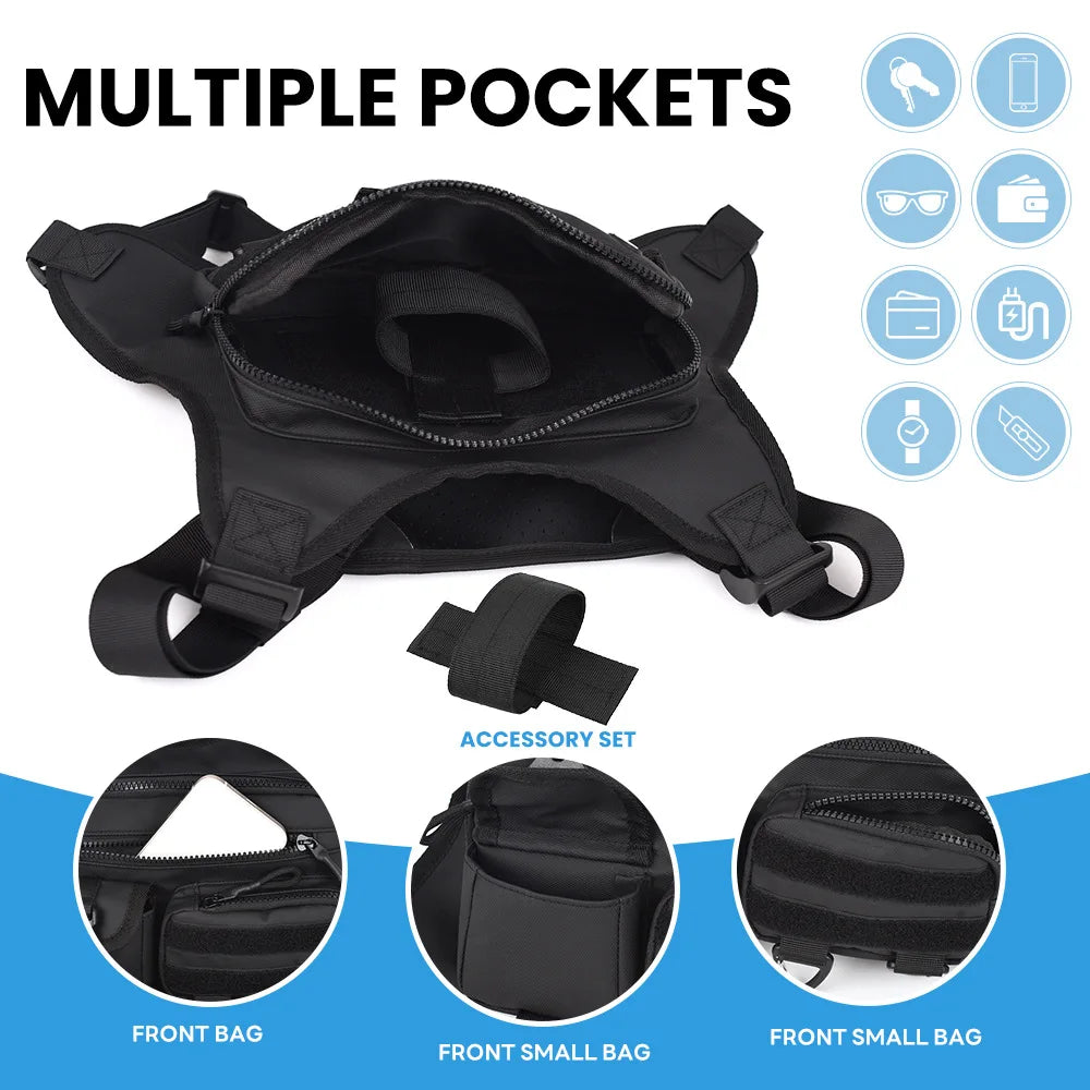 Front camping vest with backpack and pocket, designed for outdoor adventures, by Corporación Turística.