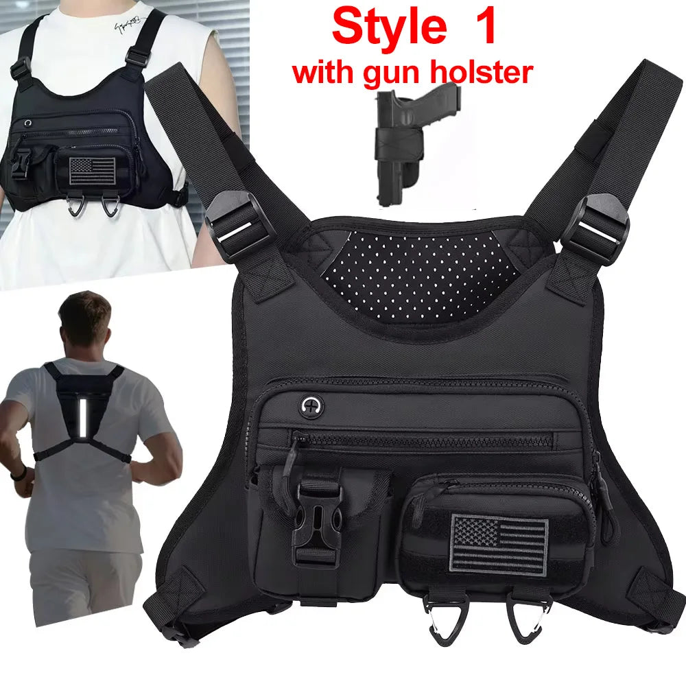 Chaleco frontal para acampar en el pecho con mochila y bolsa, diseñado por Corporación Turística, para actividades al aire libre.