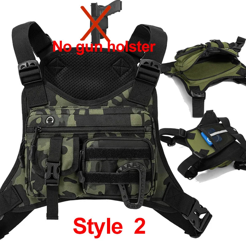 Front camping vest with backpack and pocket from Corporación Turística, designed for outdoor adventure and carrying essentials.
