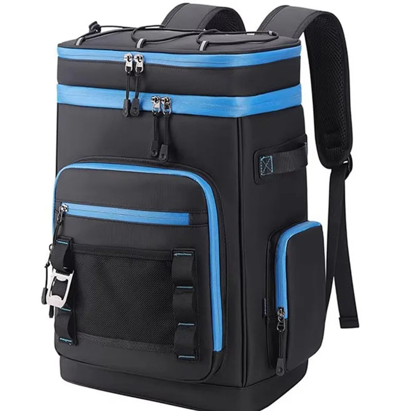 Black 30L Corporación Turística insulated waterproof cooler backpack with adjustable straps and multiple storage compartments.