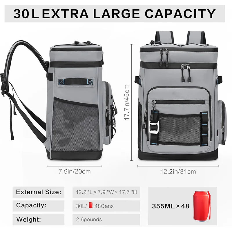 Black 30L insulated waterproof cooler backpack by Corporación Turística, featuring multiple compartments and durable design.