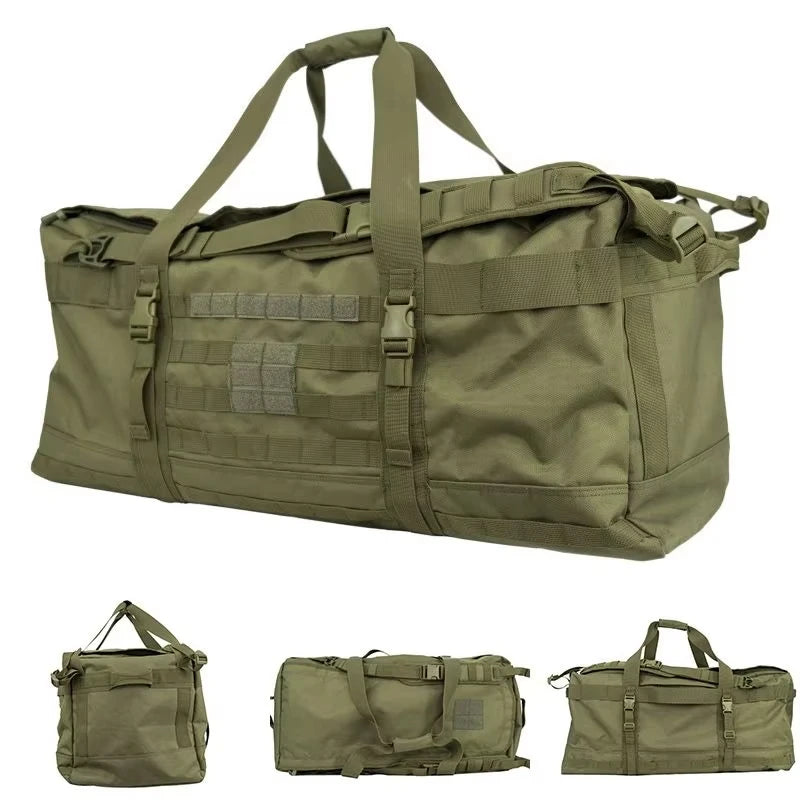 Black 106L travel bag and 40L camping backpack by Corporación Turística, with durable fabric and multiple compartments.