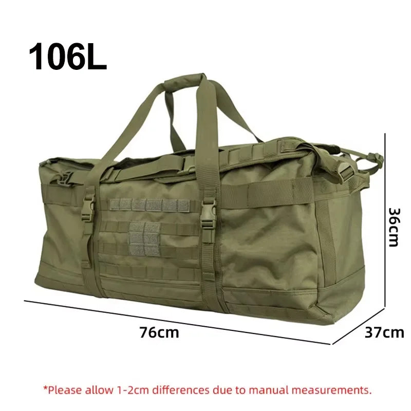 Black 106L travel bag and 40L camping backpack from Corporación Turística, durable and spacious for outdoor adventures.
