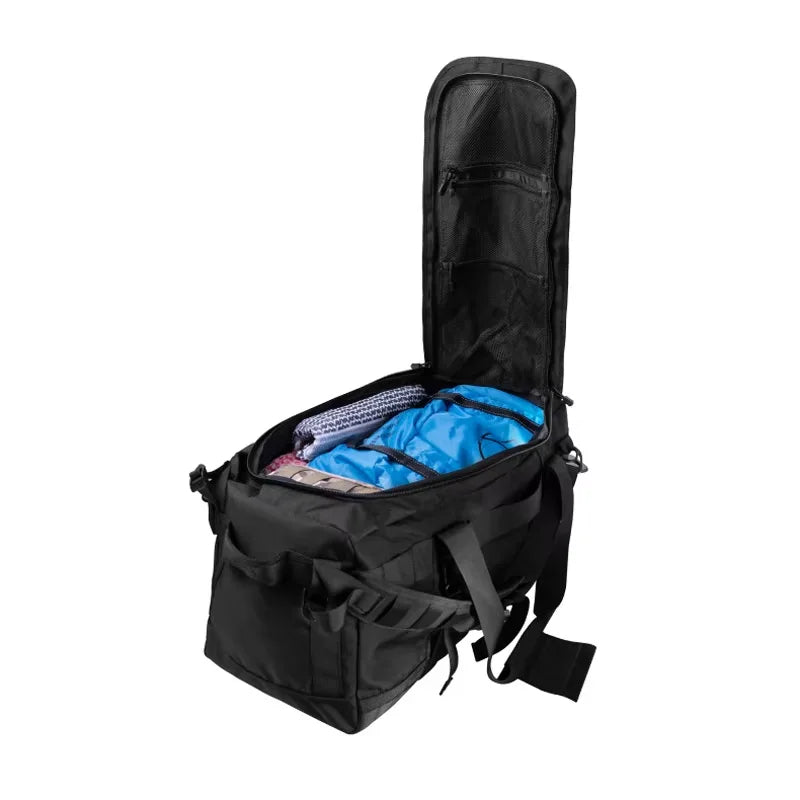 Black 106L travel and camping backpack by Corporación Turística, with 40L foldable travel bag and durable design.