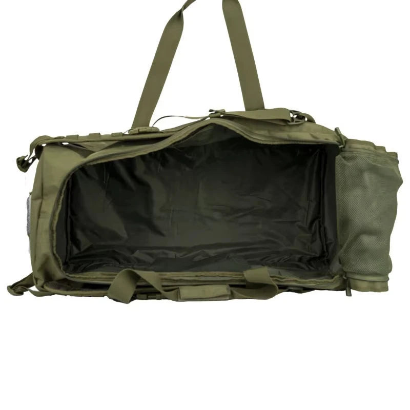 Black 106L and 40L travel and camping backpack from Corporación Turística, with durable design and spacious storage.