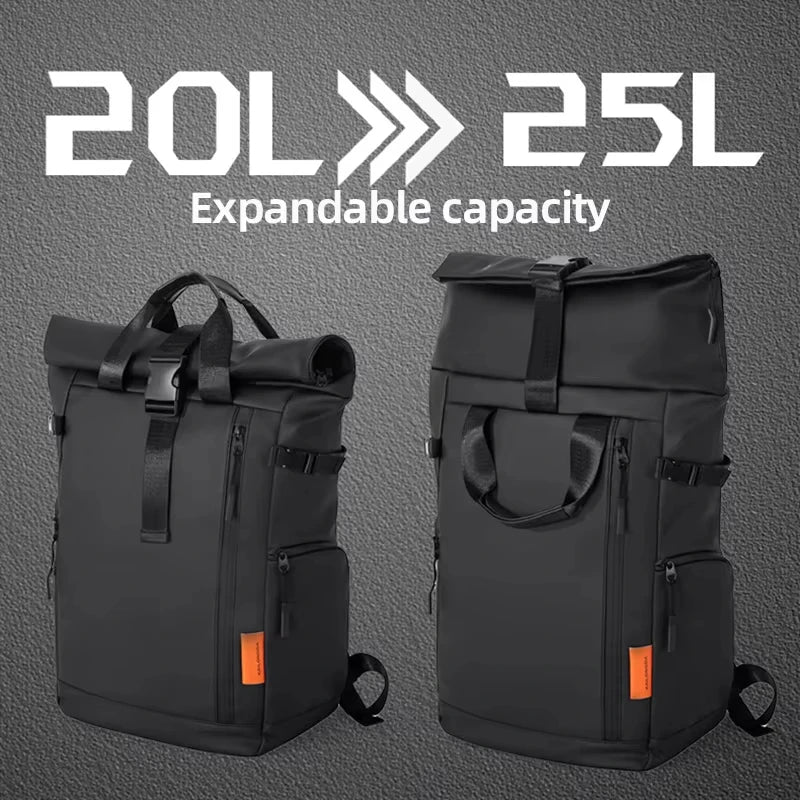 Black men's travel bag and laptop backpack by Corporación Turística, featuring a 16-inch compartment and multiple storage pockets.
