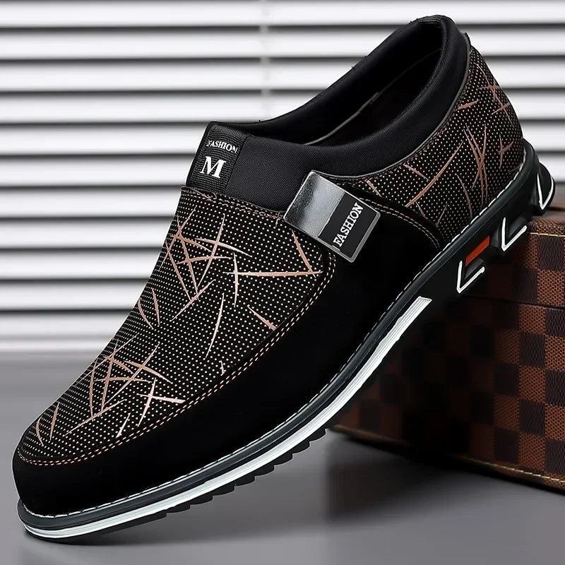 Luxury men's black leather loafers by Corporación Turística, slip-on moccasins with sleek design and polished finish.