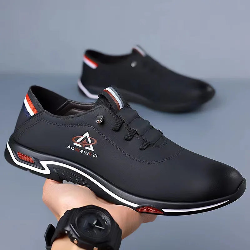 Black men's leather casual shoes with soft soles by Corporación Turística, featuring a sleek design and comfortable fit.