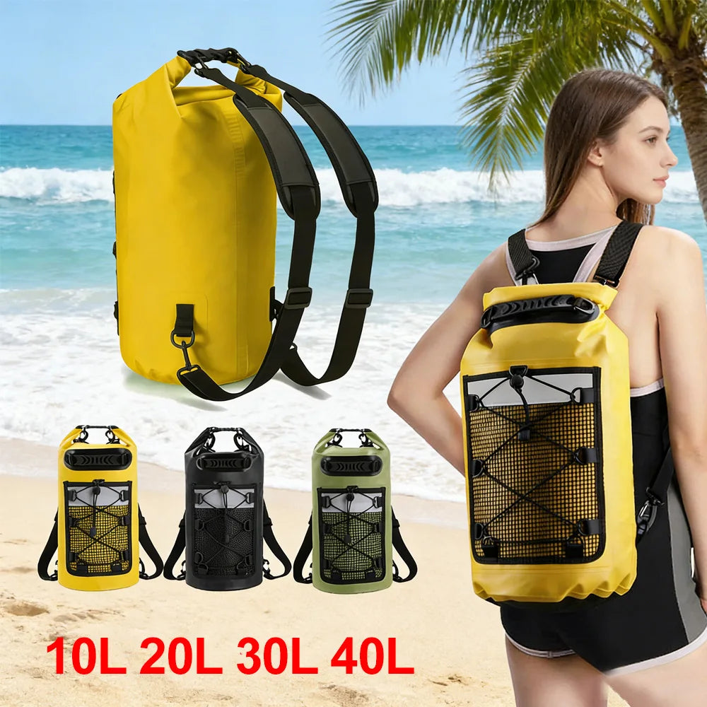 Black PVC swimming package with dry backpack for women, featuring multiple compartments and adjustable straps.