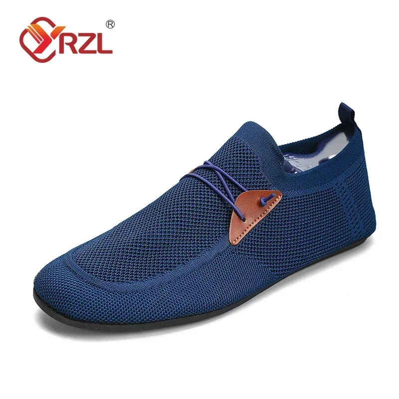 Black men's mesh loafers by YRZL, comfortable driving moccasins with breathable fabric and casual style.