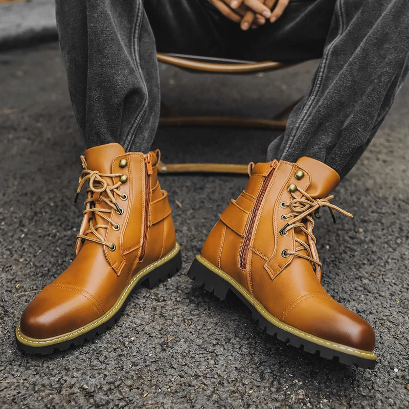 Black men's leather motorcycle boots from Corporación Turística, featuring sturdy design and durable leather construction.