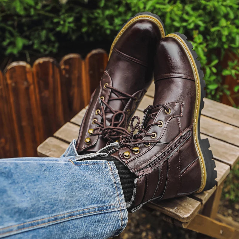 Black men's leather motorcycle boots by Corporación Turística, featuring sturdy design and durable leather construction.