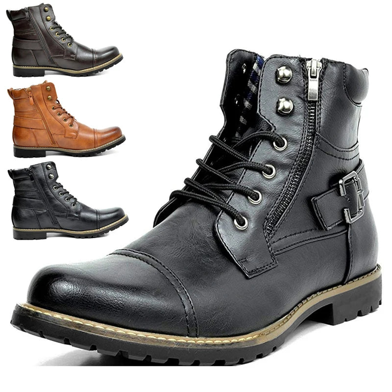 Black men's leather motorcycle boots from Corporación Turística, featuring sturdy design and durable leather construction.