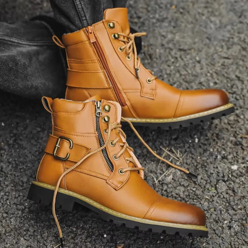Black men's leather motorcycle boots from Corporación Turística, showcasing sturdy design and quality craftsmanship.
