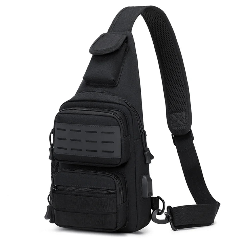 Black Corporación Turística travel and outdoor backpack, ideal for hiking, camping, climbing, and tactical use, with multiple compartments.