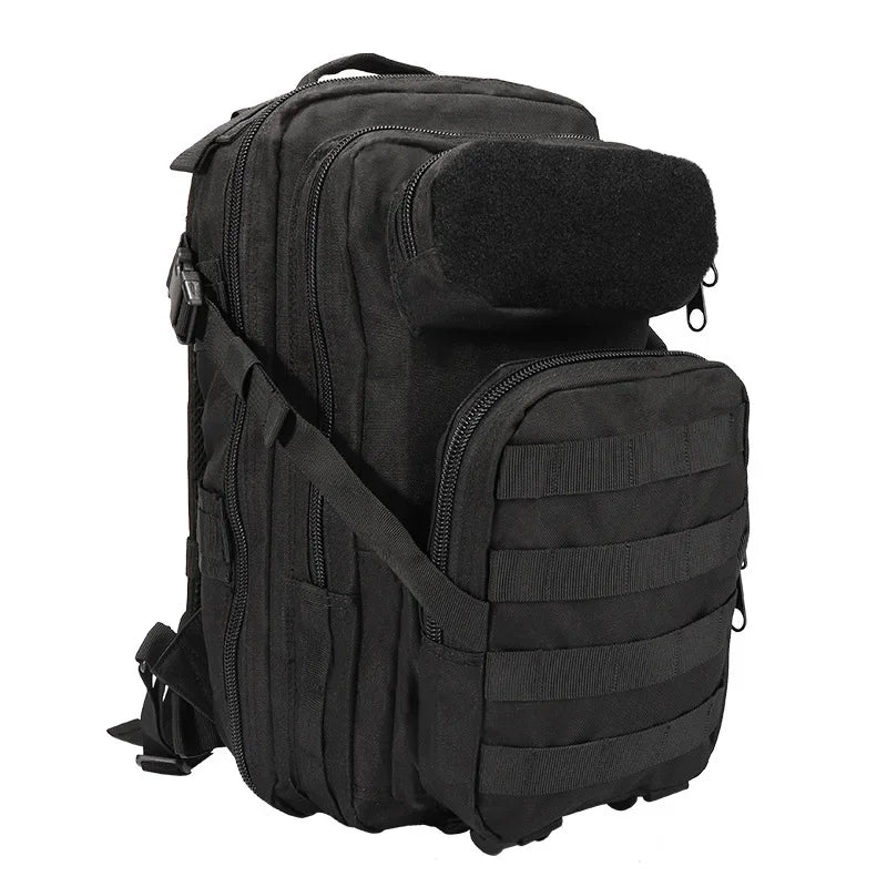 Black Corporación Turística travel and climbing backpack with multiple compartments for camping and tactical outdoor activities.
