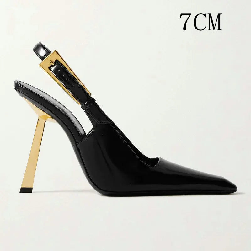 Black patent high-heeled sandals for women by Corporación Turística, featuring a 7cm heel and open-toe design.
