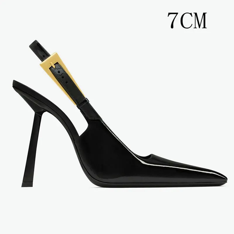 Black high-heeled patent leather sandals for women by Corporación Turística, featuring a 7cm heel and stylish design.